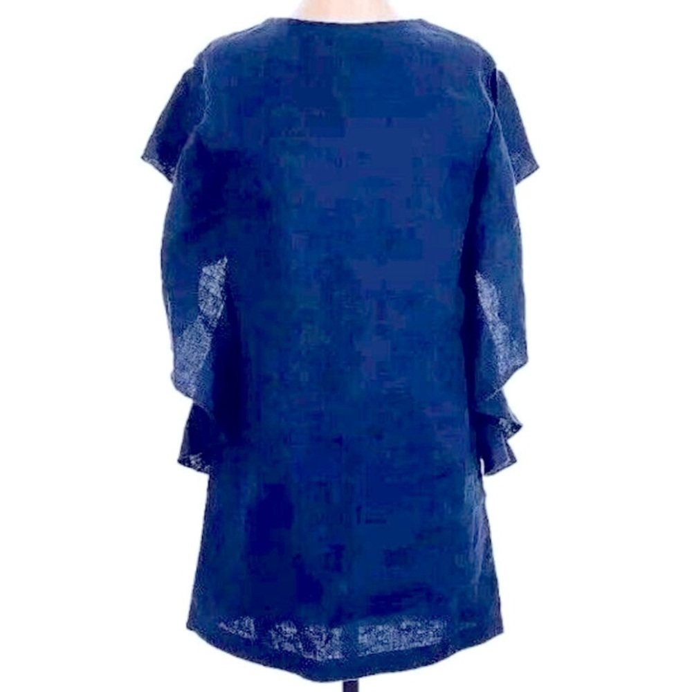 Tish Cox Dress 2XS Blue 100% Linen Mini Ruffles Knee Length Made in Texas USA